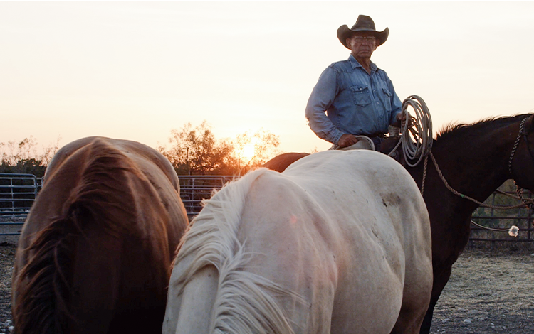 Mike on horseback in front of sunset